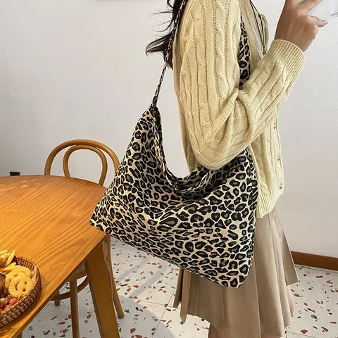 Elegante Borsa Tote in Tela Leopardata da Donna Grande Capacità Casual Borsa a Spalla alla Moda Hobo Borsa per la Spesa