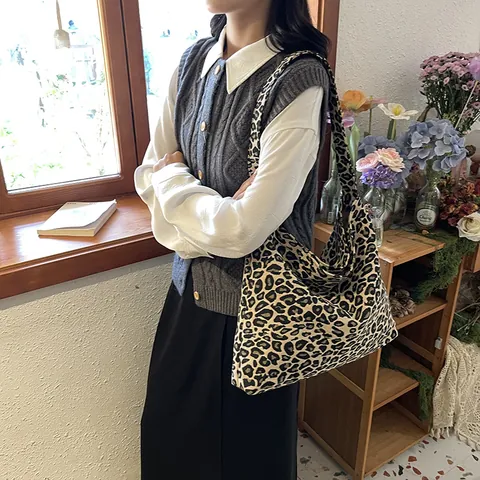 Elegante Borsa Tote in Tela Leopardata da Donna Grande Capacità Casual Borsa a Spalla alla Moda Hobo Borsa per la Spesa