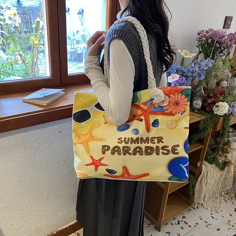 Sommer Strand Canvas Tote Bag Große Kapazität Blumen Eule Bedruckt Mit Baumwollseil Griff Lässige Schulter Handtasche Für Damen Reisen Urlaub
