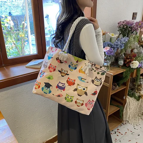 Large Capacity Canvas Tote Beach Bag With Cotton Rope Handle Summer Owl Sea Star Print Shoulder Travel Bag For Women