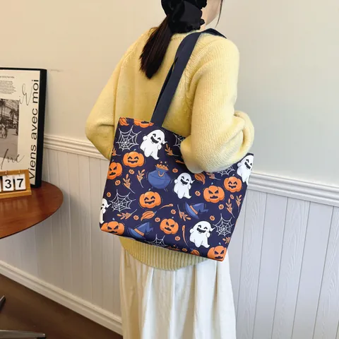 Halloween Theme Printed Tote Bag For Women Large Capacity Shoulder Bag With Pumpkin Ghost Patterns Holiday Gift Fashion
