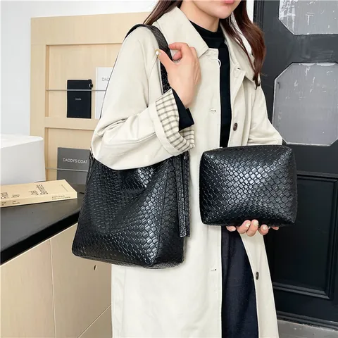 Große Kapazität PU Leder Gewebte Tragetasche Und Kleine Tasche Für Damen Vintage Minimalistische Schultertasche Pendeltasche