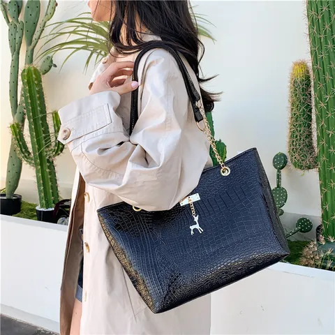 Sac Cabas Femme Motif Crocodile Mode Sac à Épaule en Cuir PU Métallisé Avec Bandoulière Chaîne Et Pendentif Cerf Sac à Main