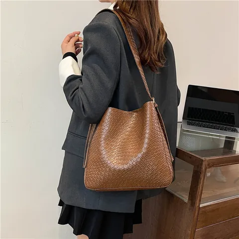 Große Kapazität PU Leder Gewebte Tragetasche Und Kleine Tasche Für Damen Vintage Minimalistische Schultertasche Pendeltasche