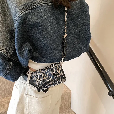 Bolso Bandolera Mini con Estampado de Leopardo para Mujer Bolso Cuadrado Pequeño de Cuero PU con Cadena y Hebilla Doble