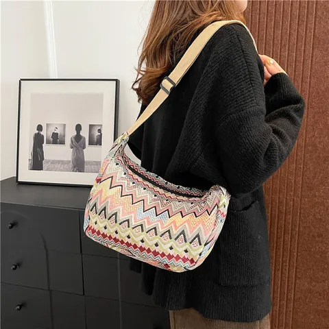 Bohemian Geometric Woven Dumpling Bag Large Capacity Jacquard Canvas Crossbody Shoulder Bag With Adjustable Strap Retro Ethnic Style