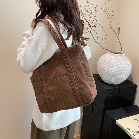 Bolso Tote de Pana con Estampado de Cerezas para Mujer Gran Capacidad Bolso de Hombro Casual con Bolsillo Delantero