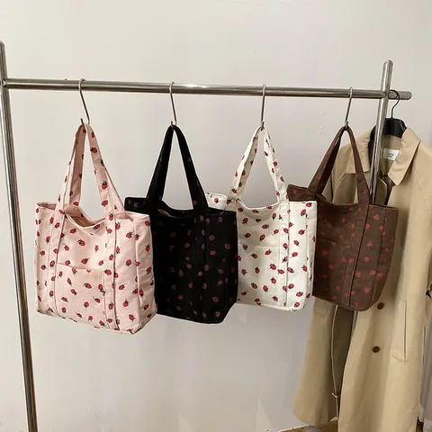 Corduroy Strawberry Print Tote Bag Casual Large Capacity Shoulder Bag Women Retro Daily Handbag Shopping Bag