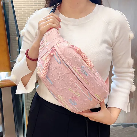 Women Fashion Corduroy Chest Bag Colorful Wave Embroidery Adjustable Strap Simple Waist Bag Travel Daily Messenger Bag