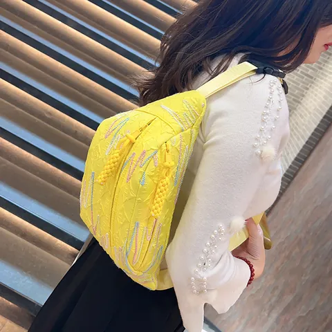 Women Fashion Corduroy Chest Bag Colorful Wave Embroidery Adjustable Strap Simple Waist Bag Travel Daily Messenger Bag
