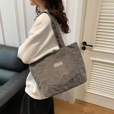 Vintage Damen Cord Tote Bag Große Kapazität Retro Einfache Schultertasche Mit Buchstaben-Etikett Für Den Täglichen Weg Zur Arbeit Schule