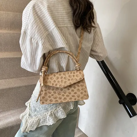 Borsa a Mano da Donna in Pelle PU con Goffratura Floreale Piccola Borsa a Tracolla Quadrata con Manico a Nodo Oro