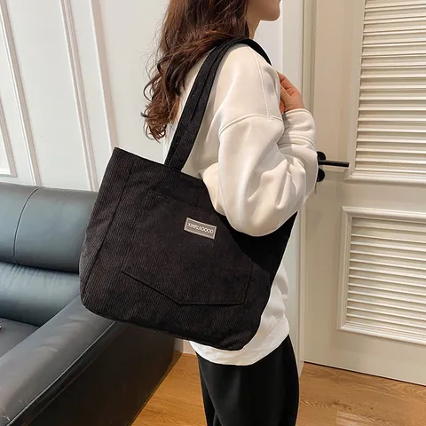 Vintage Damen Cord Tote Bag Große Kapazität Retro Einfache Schultertasche Mit Buchstaben-Etikett Für Den Täglichen Weg Zur Arbeit Schule