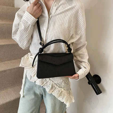 Borsa a Mano da Donna in Pelle PU con Goffratura Floreale Piccola Borsa a Tracolla Quadrata con Manico a Nodo Oro