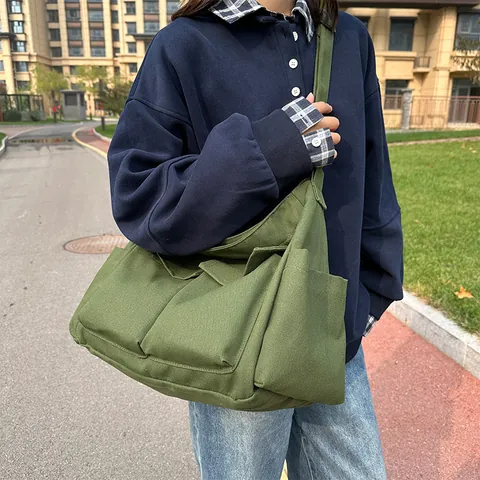 Large Capacity Canvas Messenger Bag Multi-Pocket Japanese Workwear Crossbody Bag For Women Student School Shoulder Bag