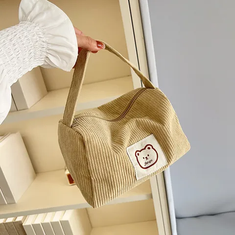 Trousse de Maquillage en Velours Côtelé pour Femmes Petit Sac à Main Écusson Ours Organisateur de Toilette Portable