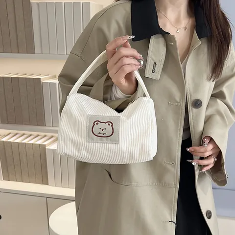 Trousse de Maquillage en Velours Côtelé pour Femmes Petit Sac à Main Écusson Ours Organisateur de Toilette Portable