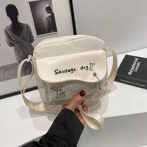 Women Japanese Nylon Crossbody Bag Cute Cartoon Sausage Dog Print Square Shoulder Bag With Pendant Daily Casual Bag