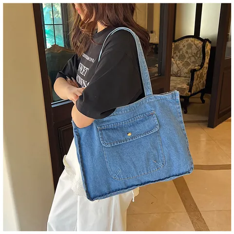 Damen Große Denim Tragetasche Japanischer Minimalismus Vintage Lässig Schultertasche Mit Vorne Klappentasche Große Kapazität Shopper