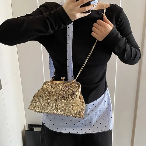 Women Luxury Sequin Evening Bag Elegant Clutches With Chain Strap Gold Silver Pink Black Banquet Party Wedding Handbag