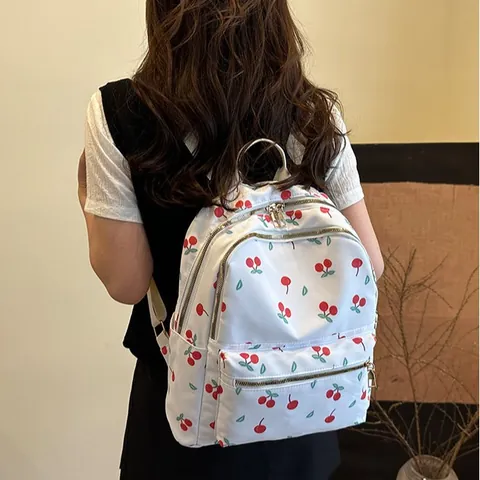 Women Fashion Printed Nylon Backpack Large Capacity Floral Cherry Butterfly Student School Bag Casual Travel Rucksack