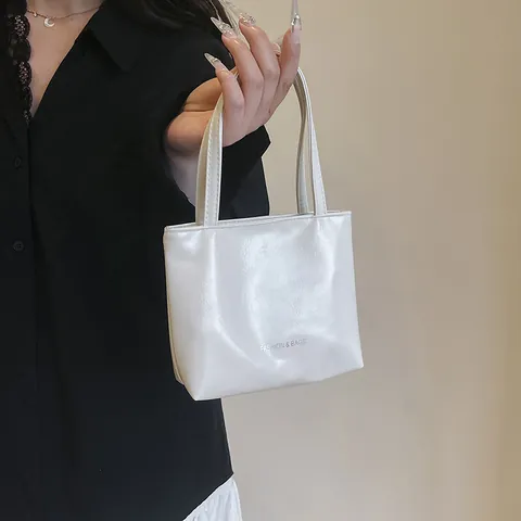 Borsa Tote Mini in Pelle PU Lucida Minimalista Coreana da Donna Stampa di Lettere di Moda Piccola Borsa a Mano Pendolarismo Donna Borsa
