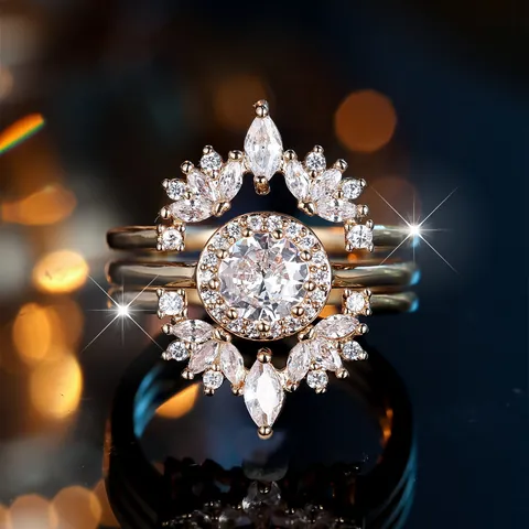 Elegant Gold Plated Copper Stackable Ring Set With Zirconia Flower Crown Style Luxury Jewelry For Women Wedding Banquet