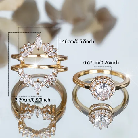 Elegant Gold Plated Copper Stackable Ring Set With Zirconia Flower Crown Style Luxury Jewelry For Women Wedding Banquet