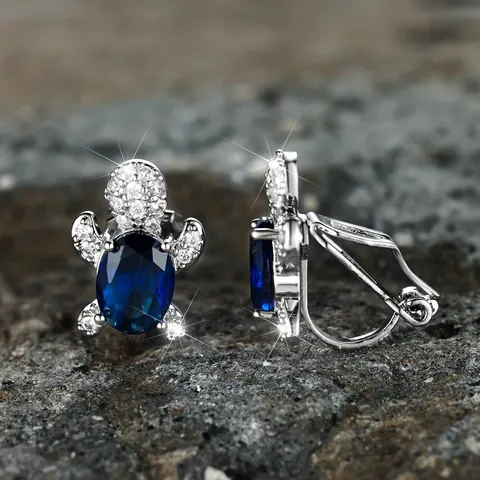 Turtle Zirconia Clip On Earrings Copper Animal Design Non Piercing Jewelry For Women Blue Pink White Garnet Red Gift