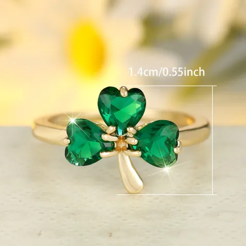 Lucky Three Leaf Clover Ring For Women Gold Plated Copper Heart Shaped Emerald Green Zirconia Finger Decoration Jewelry