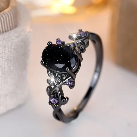 Vintage Gothic Copper Vine Branch Ring Black Gold Plated Oval Blue Sandstone Purple Zirconia Inlaid Mystical Adjustable Finger Ring Jewelry