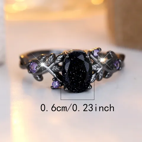 Vintage Gothic Copper Vine Branch Ring Black Gold Plated Oval Blue Sandstone Purple Zirconia Inlaid Mystical Adjustable Finger Ring Jewelry