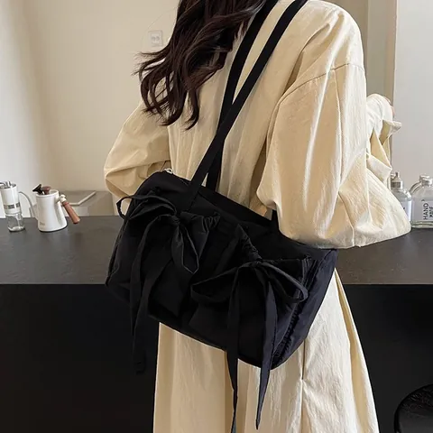 Borsa Tote da Donna Coreana Dolce Fiocco Plissettata Grande Capacità Tessuto Borsa a Spalla Casual Stile Pigro Sottobraccio