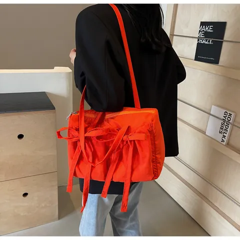 Borsa Tote da Donna Coreana Dolce Fiocco Plissettata Grande Capacità Tessuto Borsa a Spalla Casual Stile Pigro Sottobraccio