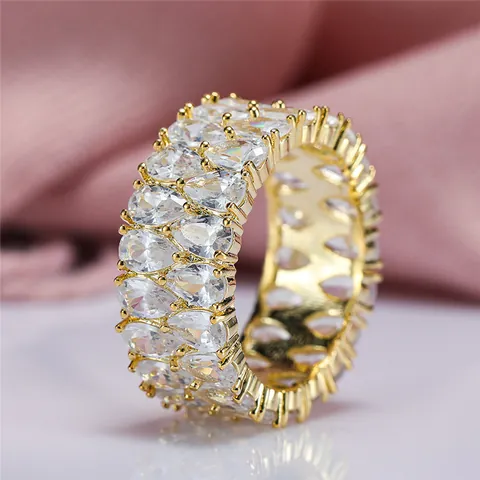 Luxury Double Row Pear Cut Zircon Copper Ring Gold Silver Plated Water Drop Rhinestone Eternity Band Wedding Party Women Jewelry