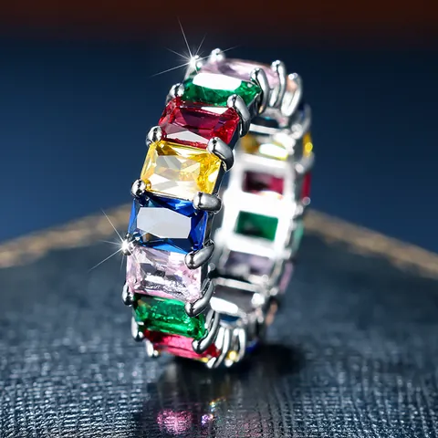Emerald Cut Cubic Zirconia Eternity Ring For Women Rainbow Multi Color White Gold Plated Copper Anniversary Wedding Jewelry