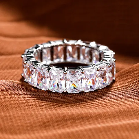 Emerald Cut Cubic Zirconia Eternity Ring For Women Rainbow Multi Color White Gold Plated Copper Anniversary Wedding Jewelry