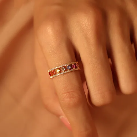 Luxe Vergulde Koperen Ring Regenboog Zirkonia Hol Princess Cut Kleurrijke Strass Band Vrouwen Mode Niche Sieraden
