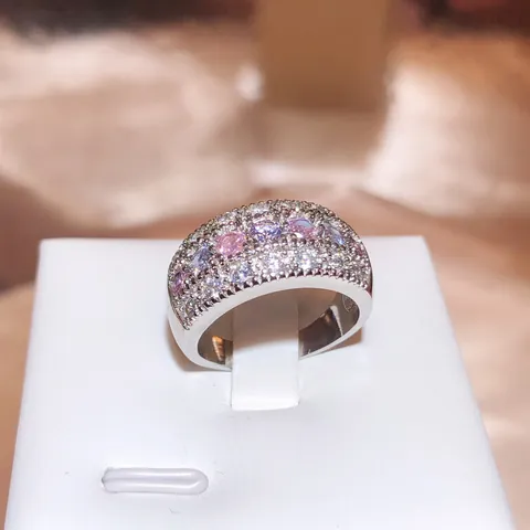 Elegant Copper Ring Pink Purple Zirconia Wide Full Drill Inlaid Fashion Jewelry For Women Banquet High-end Finger Ring