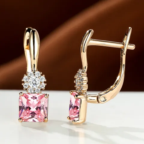 Sun Flower Square Zirconia Crystal Leverback Earrings For Women Rose Gold Plated Fashion Jewelry Wedding Party Accessory