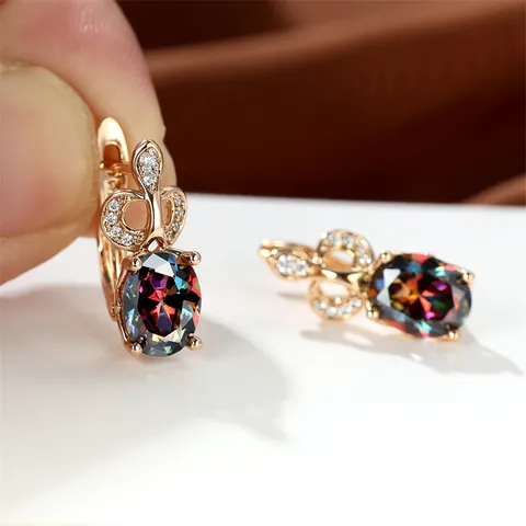 Orecchini a Monachella con Zirconia Colorata Ovale Placcati Oro Champagne Design Corona Traforata Gioielli Lusso Donna Matrimonio