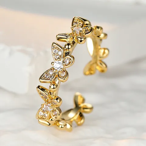 Bague Papillon Cuivre Zircone Cubique Ajustable Design Ouvert Bijoux De Mode Pour Femmes Tendance Coloré Incrusté