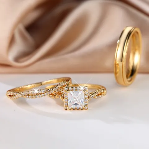 Luxe Ensemble de Bagues Trois Pièces Zircone Cubique Taille Princesse Carré Bicolore Plaqué Or Rose Cuivre Anneau Entrelacé Bagues de Fiançailles pour Hommes Femmes Bijoux
