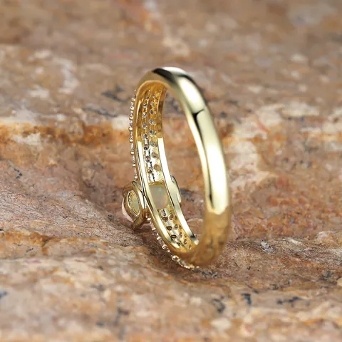 Vintage Gold Plated Copper Oval Opal Ring For Women Elegant Four Prong Pave Set Zirconia Engagement Wedding Jewelry Gift