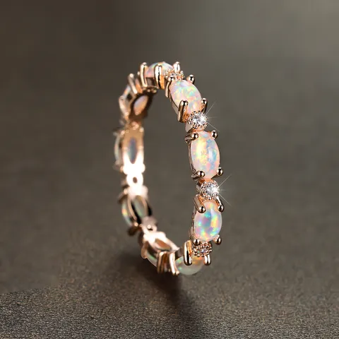 Elegant Copper Ring For Women With Oval White Opal And Round Cubic Zirconia Gold Plated Minimalist Fashion Jewelry Finger Ring Gift