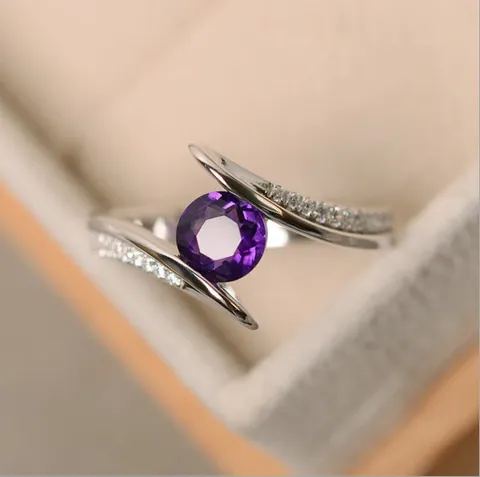 Elegant Silver Plated Copper Ring Round Purple Blue Green Zirconia Micro Inlaid Cross Band Ring For Women Minimalist Fashion Jewelry
