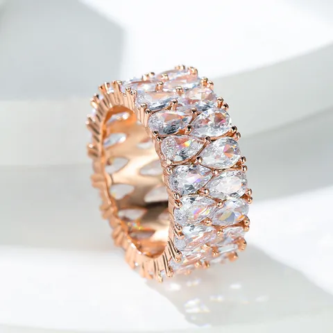 Luxe Koper Zirconia Dubbele Rij Peerslijpvorm Waterdruppel Eternity Ring Sieraden Vrouwen Bruiloft Banket Feest
