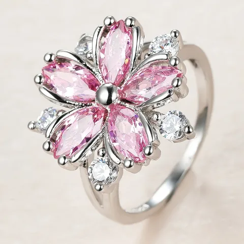 Elegante Kersenbloesem Bloem Ring Voor Vrouwen Koper Ingelegd Roze Paars Zirkonia Sierlijke Bloem Vingerring Mode Sieraden Cadeau