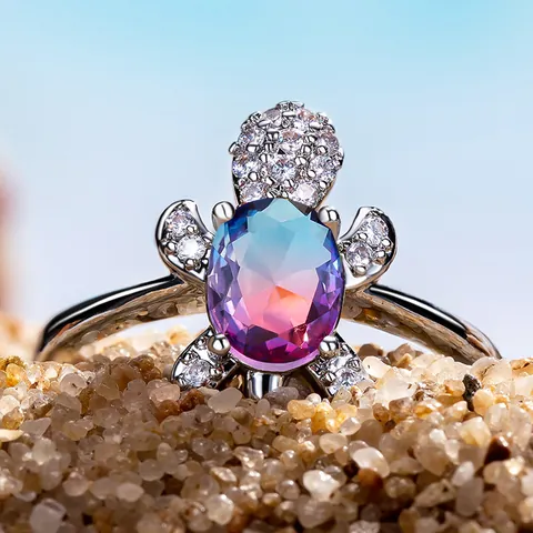 Creatieve Zeeschildpad Vorm Ring Koper Met Ovale Kleurrijke Zirkonia Strass Voor Vrouwen Dagelijkse Mode Sieraden Cadeau