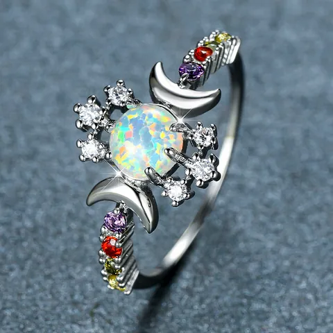Vintage Bohemian Koperen Ring Witgoud Verguld Ronde Opaal Ring Met Maan Design Meerkleurige Zirkonia Ring Voor Vrouwen Sieraden